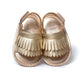 Baby fringed sandals in gold PU, front view, fringed upper and strap