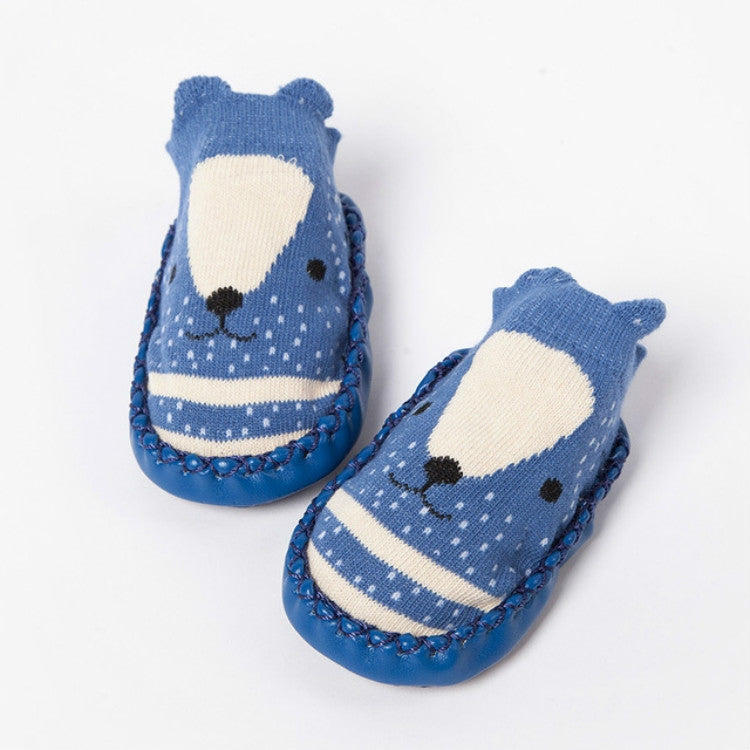 Blue cotton toddler socks with cartoon bear face, striped bands, non-slip knit sole