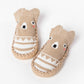 Khaki cotton toddler socks with cartoon animal face, striped top, non-slip knit sole