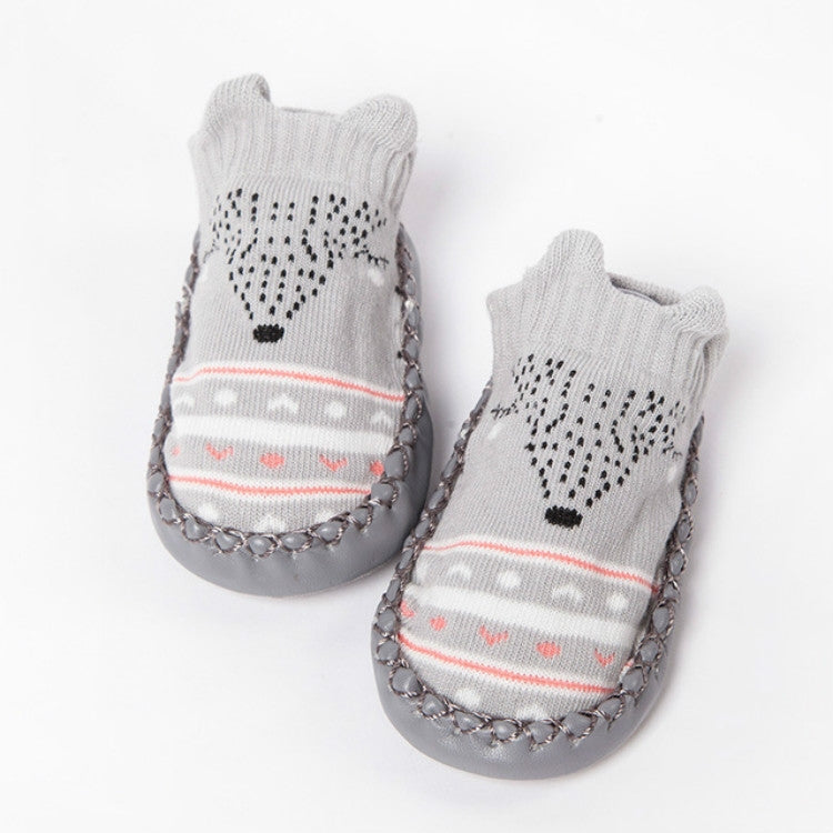 Light gray cotton toddler socks with cartoon bear face, striped band, non-slip knit sole