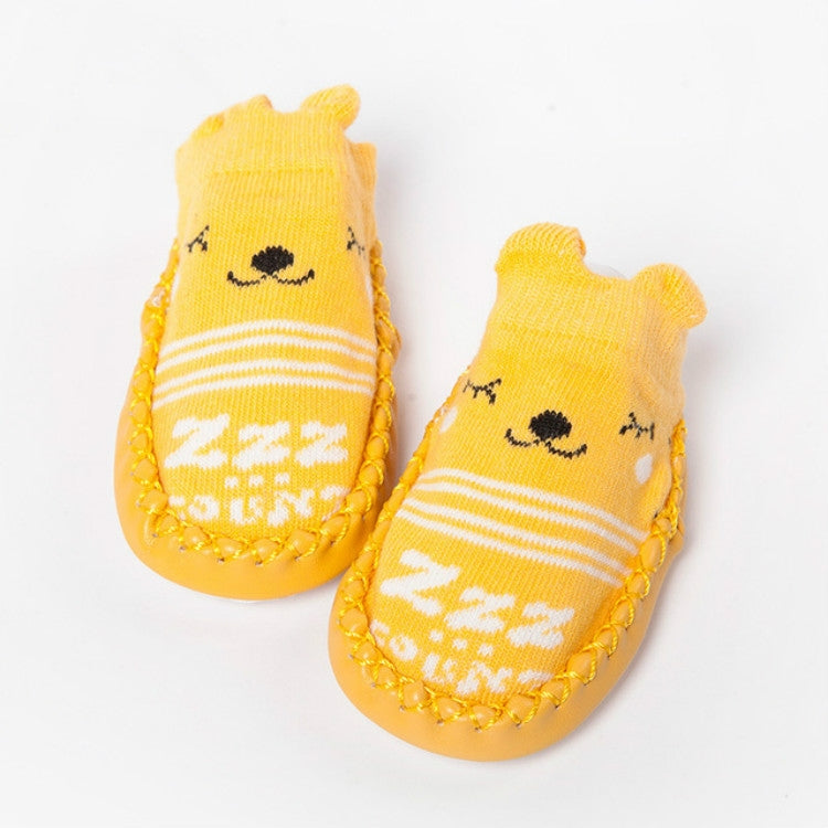 Baby non-slip cotton toddler socks, yellow bear design, knitted stripes, stitched anti-slip sole