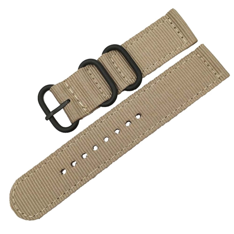 Washable nylon canvas watch band in khaki with black ring buckle, double strap.