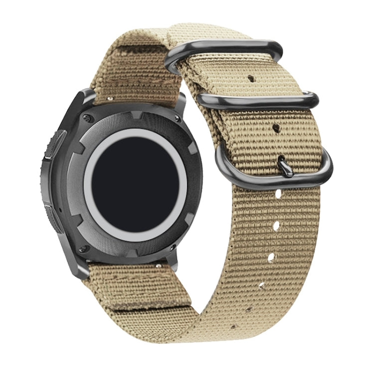 Washable nylon canvas watch band in khaki with silver ring buckle, pin holes.