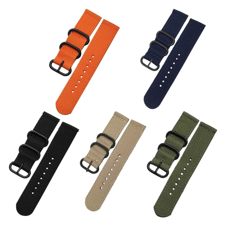 Washable nylon canvas watch bands set: orange, navy, black, beige, and green with buckles.