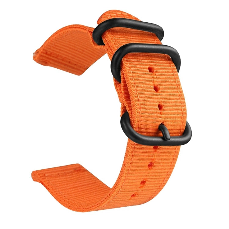 Orange nylon canvas watch band with black ring buckle and adjustment holes