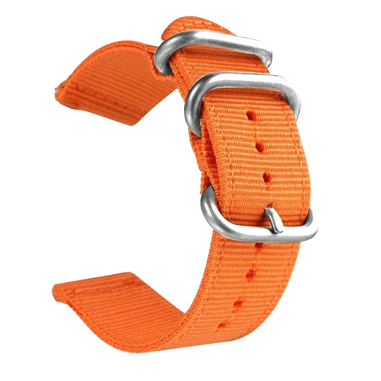 Orange nylon canvas watch band with silver ring buckle and adjustment holes