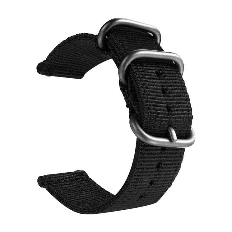 Black nylon canvas watch band with black ring buckle and pin holes