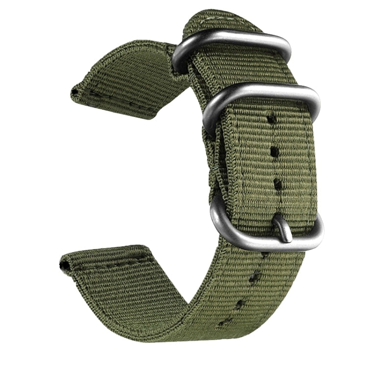 Army green nylon canvas watch band with black ring buckle and pin holes