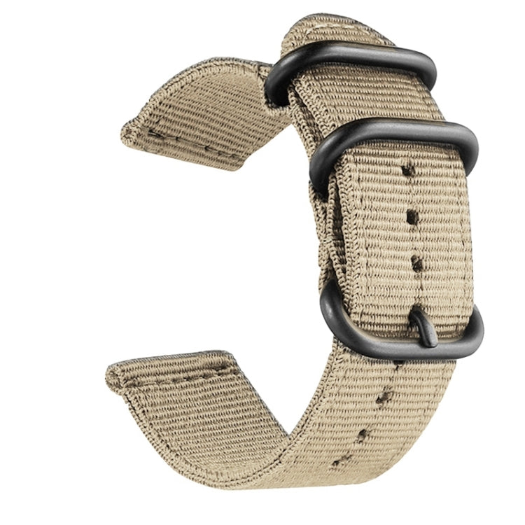 Tan nylon canvas watch band with silver ring buckle and pin holes