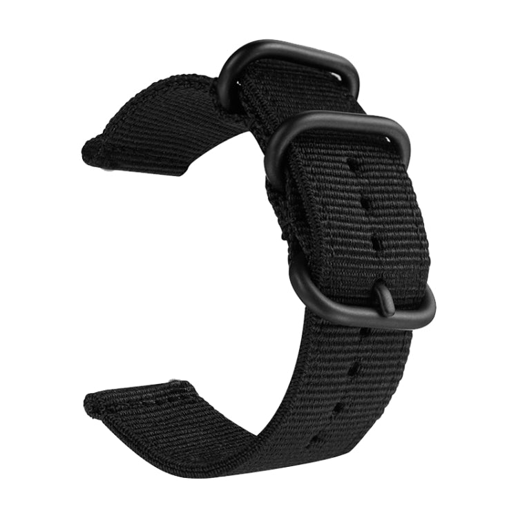 Black nylon canvas watch band with black ring buckle and pin holes
