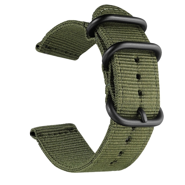 Army green nylon canvas watch band with black ring buckle and pin holes
