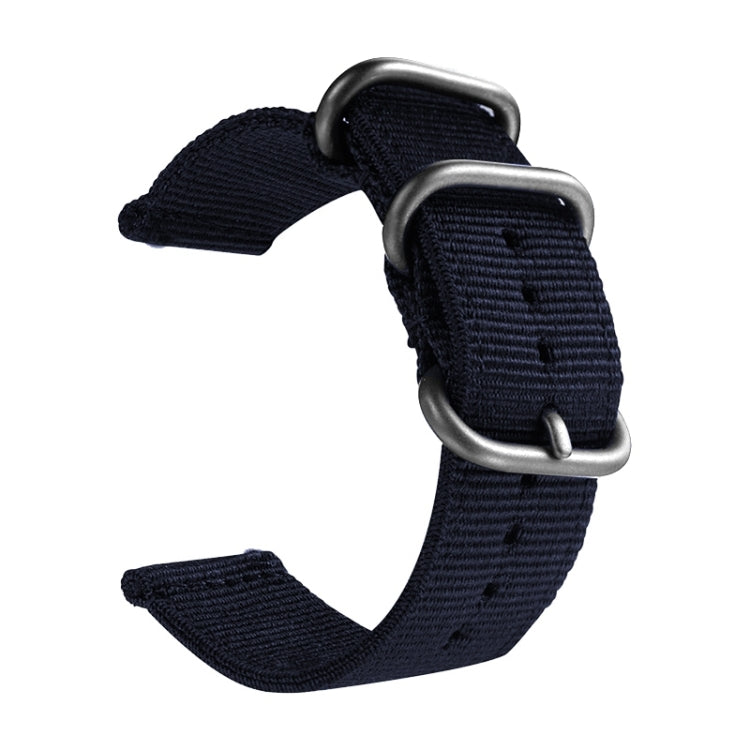 Dark navy nylon canvas watch band with silver ring buckle and pin holes