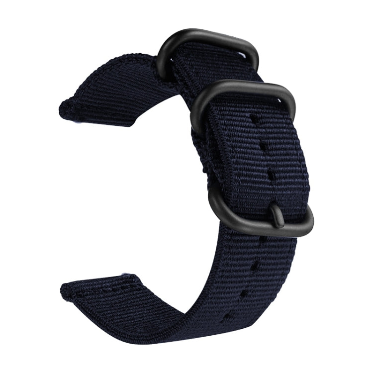 Dark navy nylon canvas watch band with black ring buckle and stitched holes