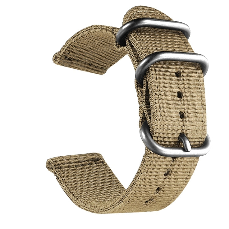Khaki nylon canvas watch band with silver ring buckle and stitched adjustment