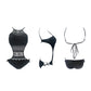 Black lace one-piece swimsuit, multiple angles showing halter front and side ties
