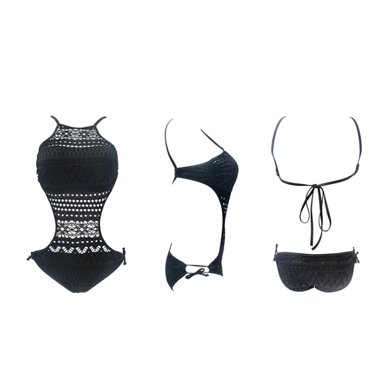 Black lace one-piece swimsuit, multiple angles showing halter front and side ties