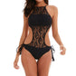 Black backless lace one-piece swimsuit with halter straps and tie-side drawstrings