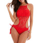 Red backless lace one-piece swimsuit with halter neck and tie-side hip strings