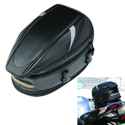 Waterproof black motorcycle bag with textured finish, curved top, and zip closure