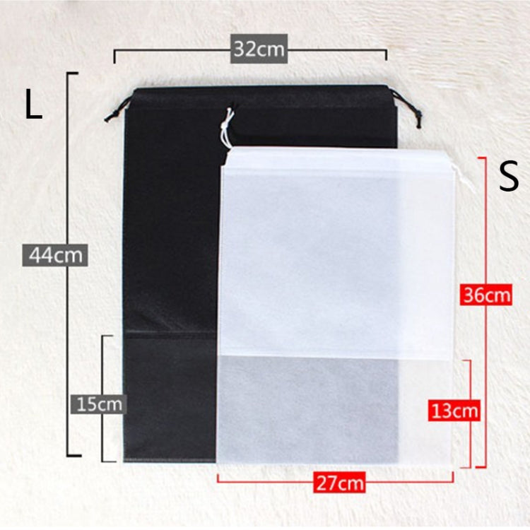 Shoe storage bag size chart showing 32x44cm and 27x36cm drawstring pouches