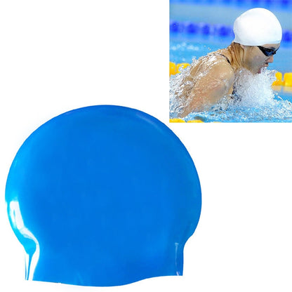 Glossy seamless blue silicone swimming cap, smooth dome fit