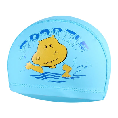 Kids waterproof swimming cap in light blue with cartoon hippo and water splash print