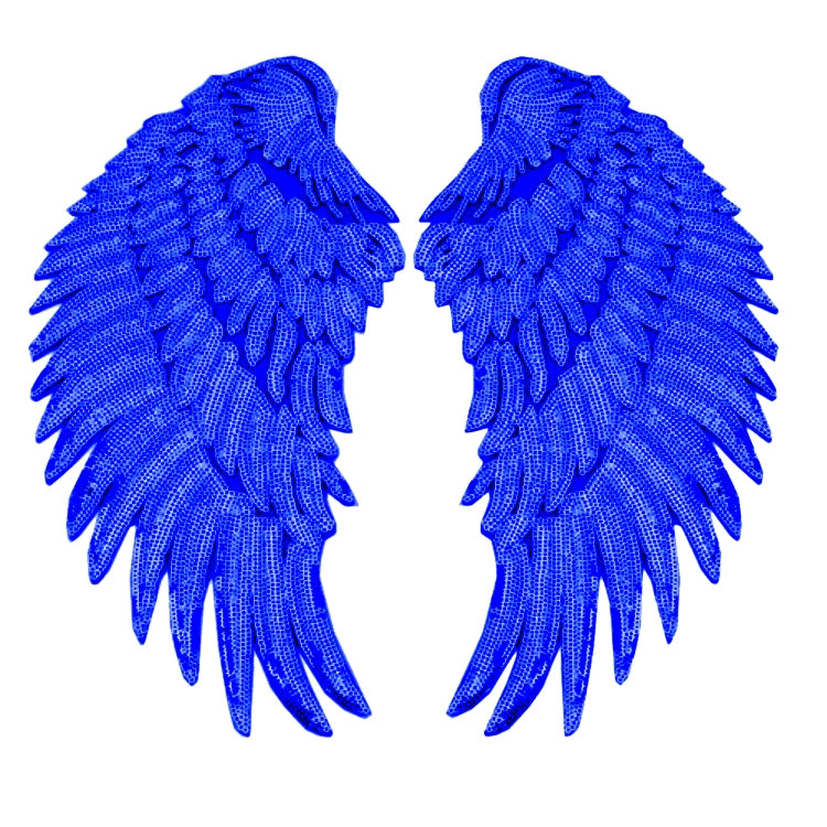 Two royal blue sequin feather wing appliques with layered feather fringe for DIY.