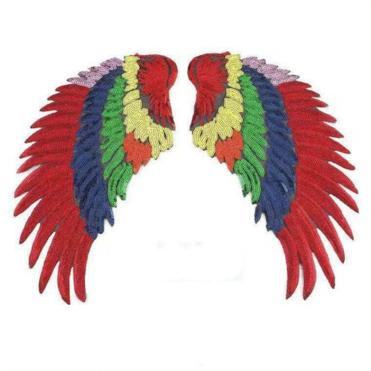 Pair of multicolor sequin feather wing patches with red, blue, green and yellow accents.