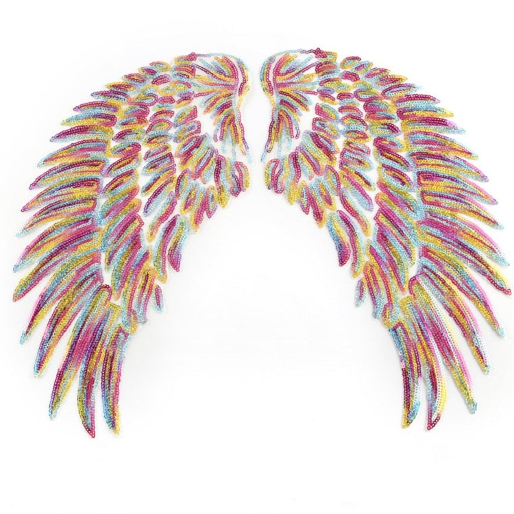 Sequin feather wing patches, rainbow multicolor pair for DIY clothing