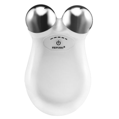 White micro-current face beauty device with two metal rollers and power button, FEIPUSHI