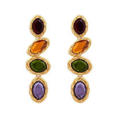 Gold-tone drop earrings with red, amber, green, and purple oval glass gems