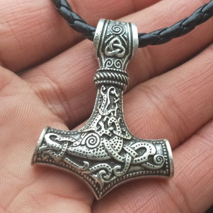 Viking hammer pendant necklace with engraved metal hammer and braided cord