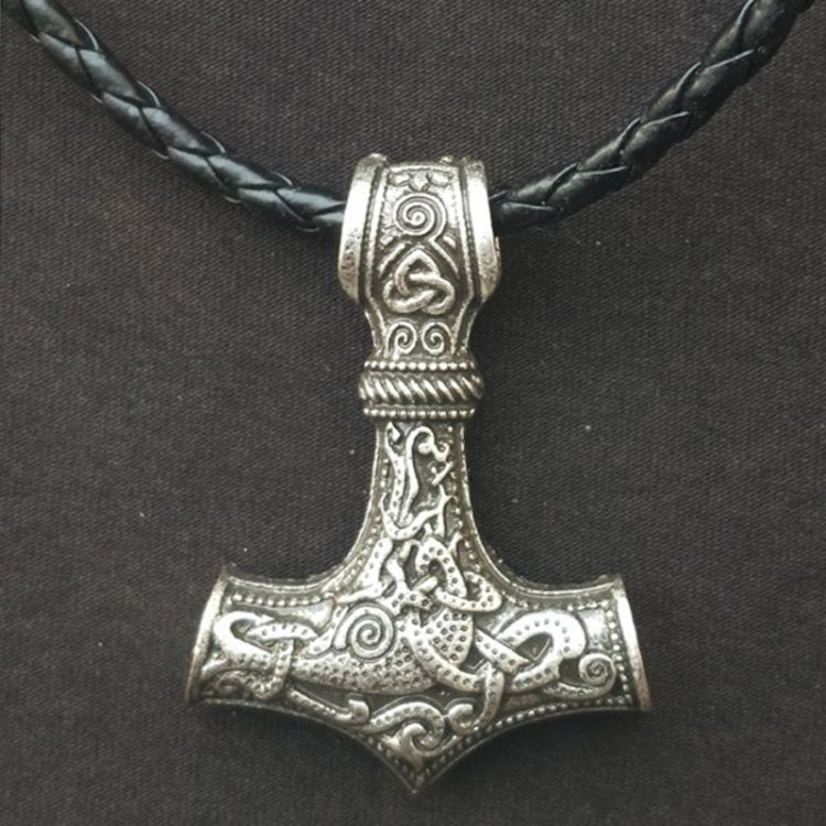 Viking hammer pendant necklace with engraved metal hammer on braided cord