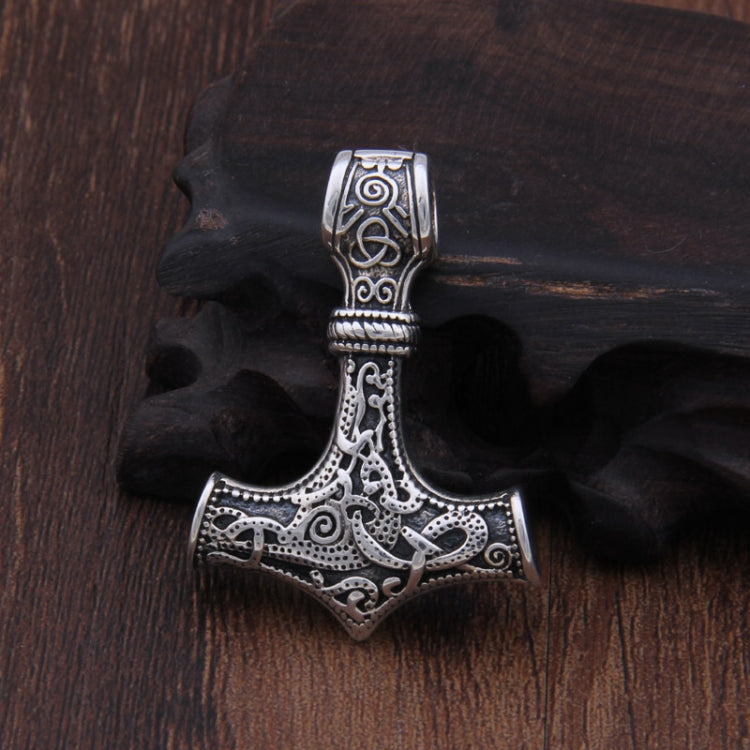 Viking hammer pendant necklace with engraved metal hammer on black cord