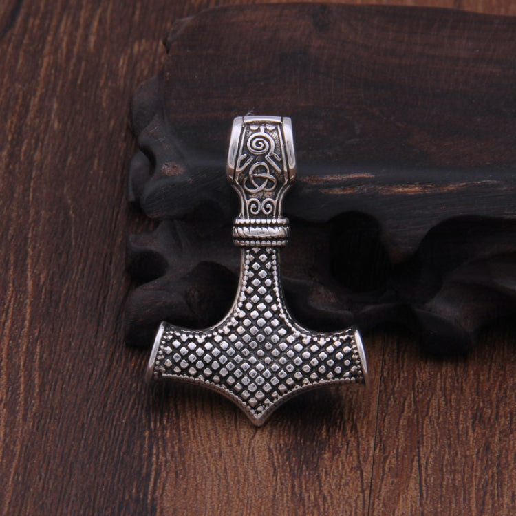Viking hammer pendant necklace with textured metal hammer on black cord