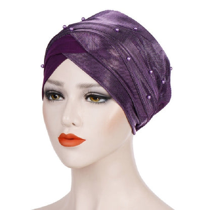 Women’s beaded turban hat in purple with layered silk-like fabric and pearl studs