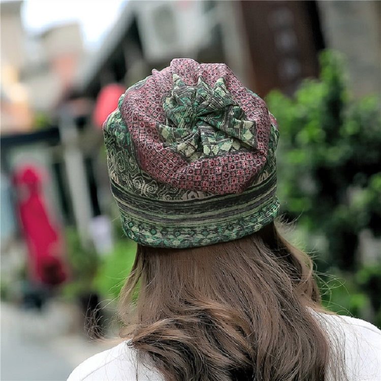 Green and pink patterned cotton wrap turban hat, gathered top knot