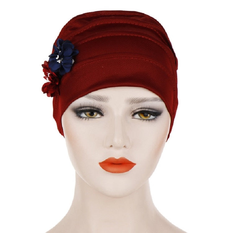 Burgundy linen turban hat wrap with navy and red flower appliques