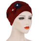 Deep red linen turban hat wrap with navy and red flower appliques