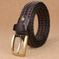 Men's black braided leather belt with gold-tone buckle and wide keeper panel