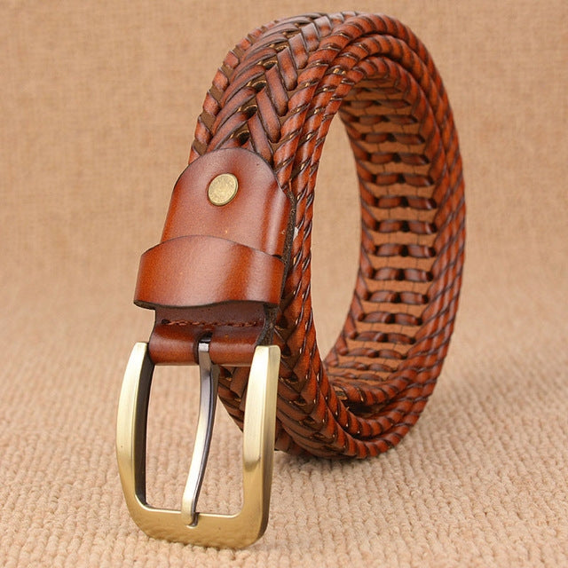 Woven tan-brown leather men’s waist belt with brass buckle and keeper strap
