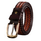 Woven dark brown leather men’s waist belt with brass buckle and keeper strap
