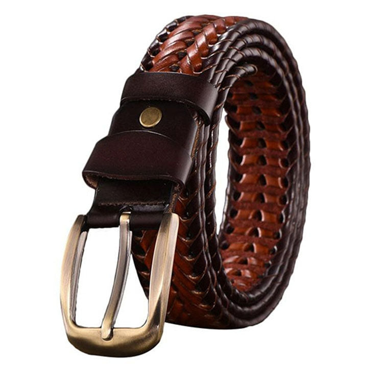 Woven dark brown leather men’s waist belt with brass buckle and keeper strap