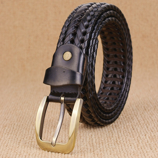Men's black braided leather belt with gold-tone buckle and wide keeper strap