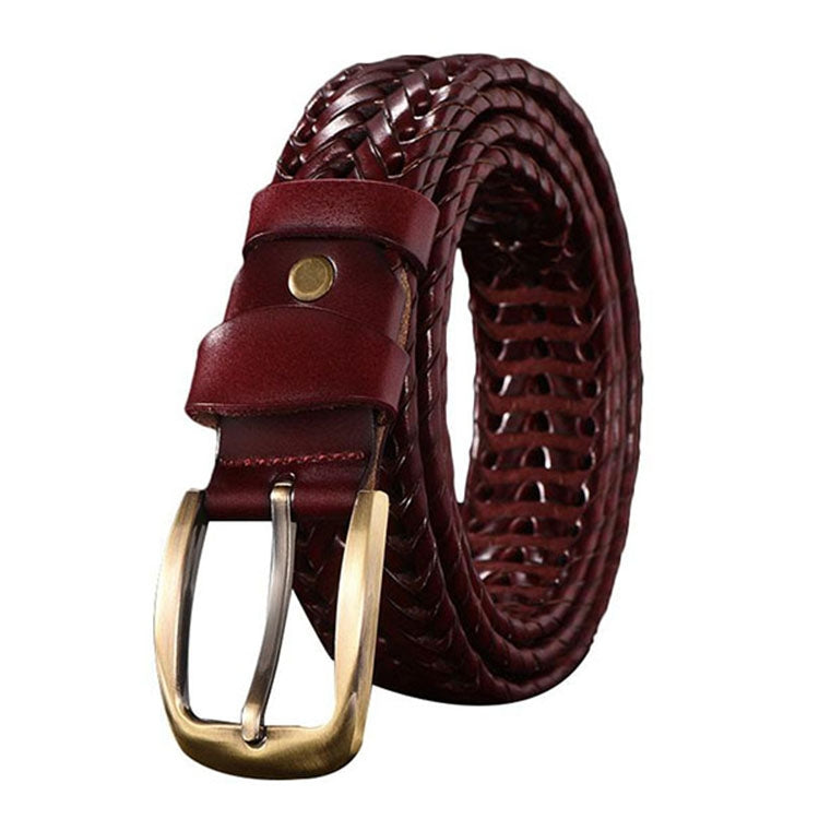Men's wide braided leather belt with gold-tone buckle and leather keeper tab, wine red
