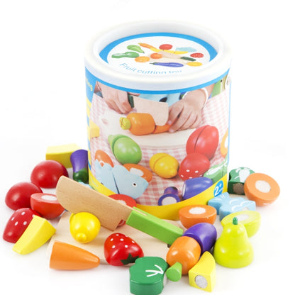 Fruit and vegetable cutting toy set with colorful wooden pieces and play knife