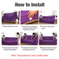 Sofa cover installation steps showing purple cover and included pillow case