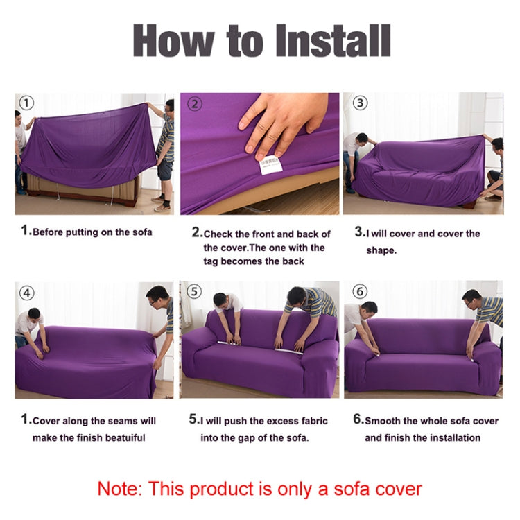Sofa cover installation steps showing purple cover and included pillow case