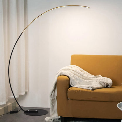 Black arc LED floor lamp with curved light bar and round weighted base