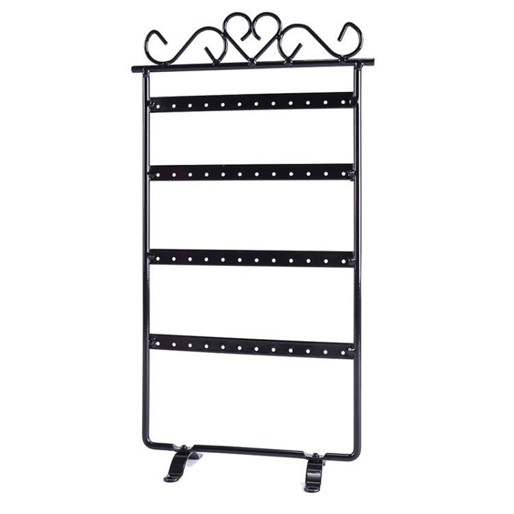 Black jewelry stand holder rack with four tier bars and curved earring hooks on top.